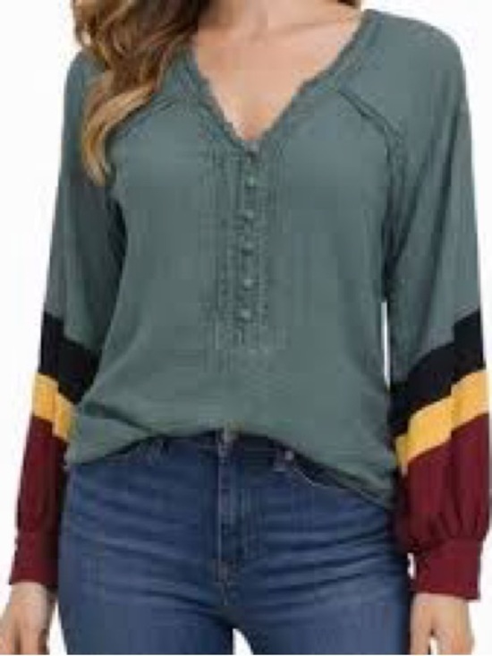 Fate Tops - Fate Sage Green Colorblock Henley Long Sleeve Top